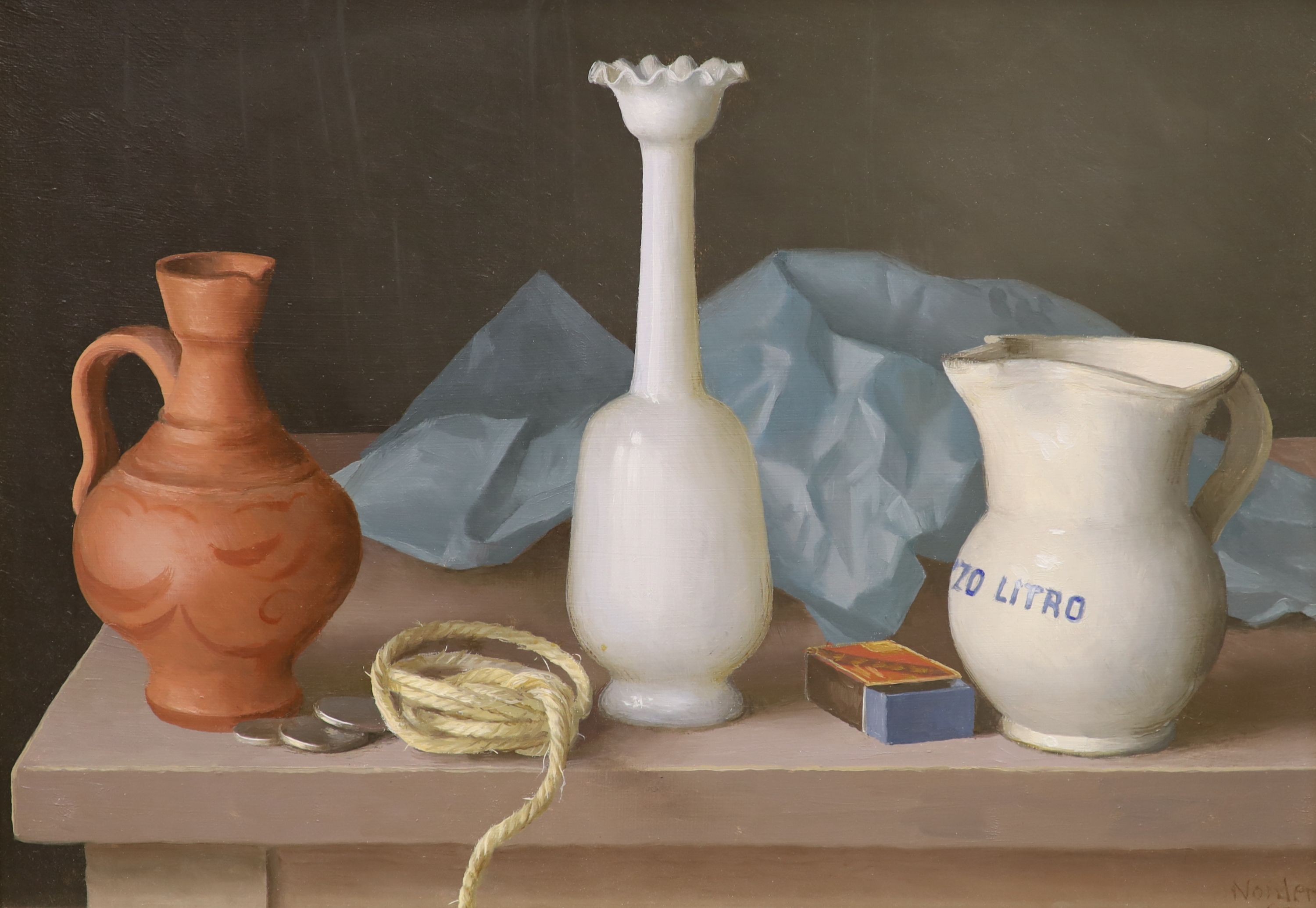 Gerald Norden (1912-2000), oil on board, Still life of two jugs, a vase, coins, string, paper and a match box, signed and dated '82, 24 x 34cm